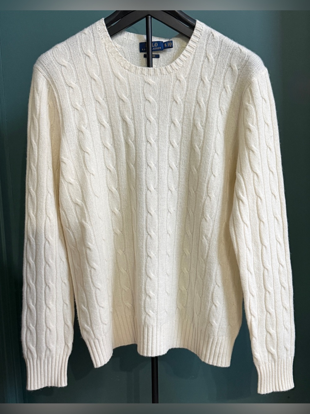 POLO RALPH LAUREN CASHMERE CREWNECK CABLE KNIT SWEATER CREAM IVORY  XL $500 NEW